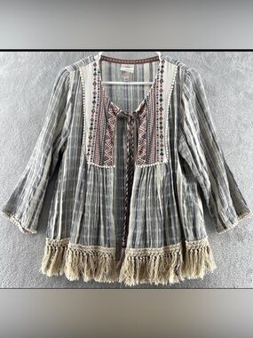 Knox Rose Striped Boho Tassel Jacket/Cardigan - Gray & Cream with Rust Accents